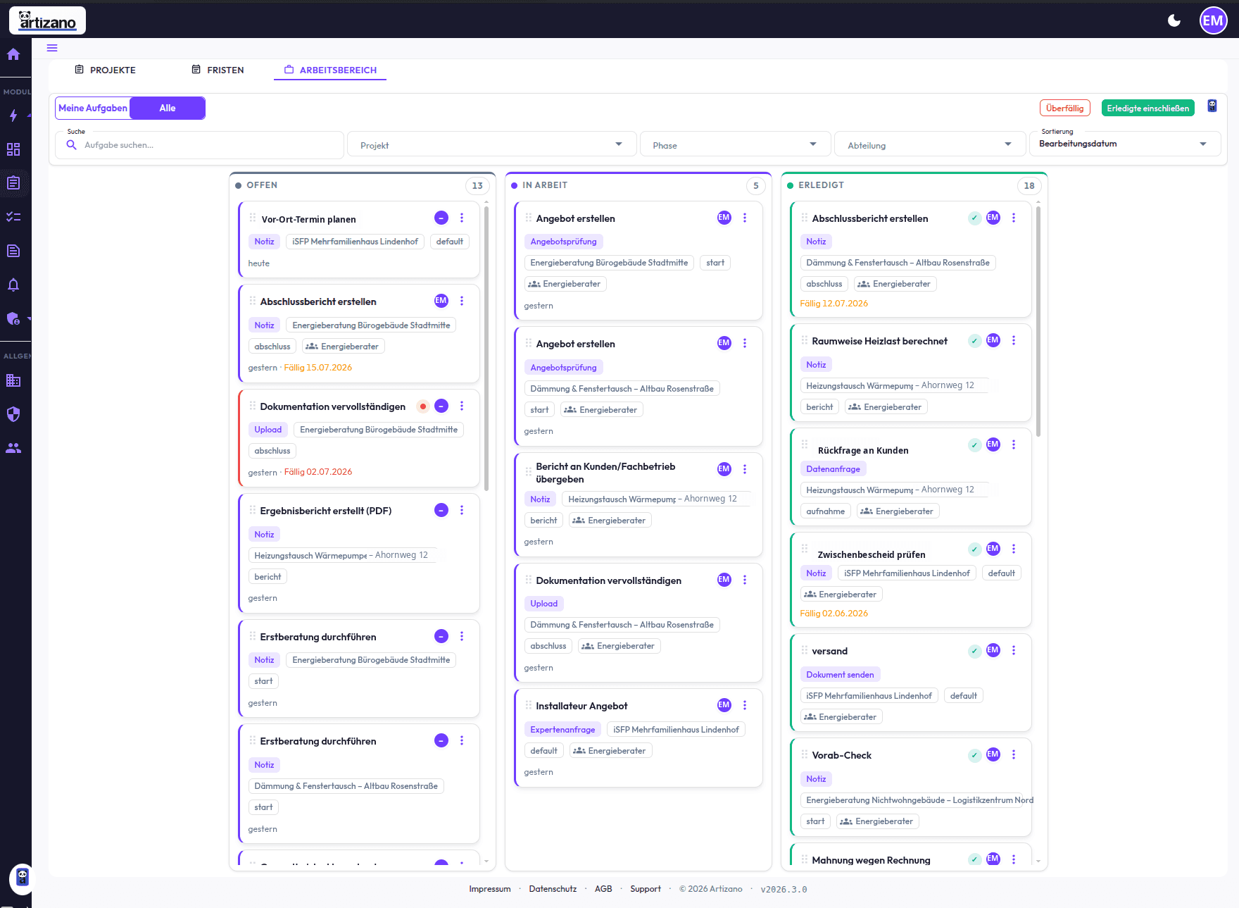 Enerisor Arbeitsbereich: alle Aufgaben projektübergreifend als Kanban-Board (Offen, In Arbeit, Erledigt)